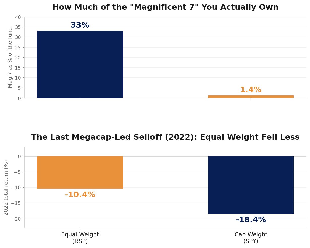 Semiconductors rose from 2% of the S&P 500 in 1995 to 19.7% today; equal weight RSP beating cap weight SPY YTD 2026